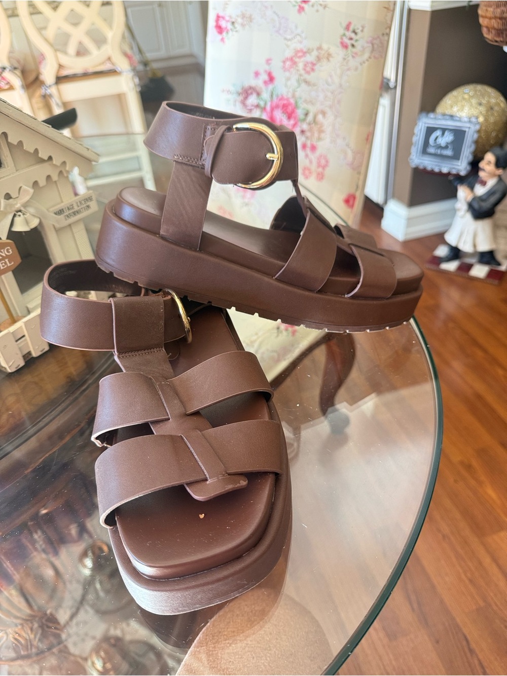 Women’s Brown Platform Strappy Sandals with Gold Buckle Accent